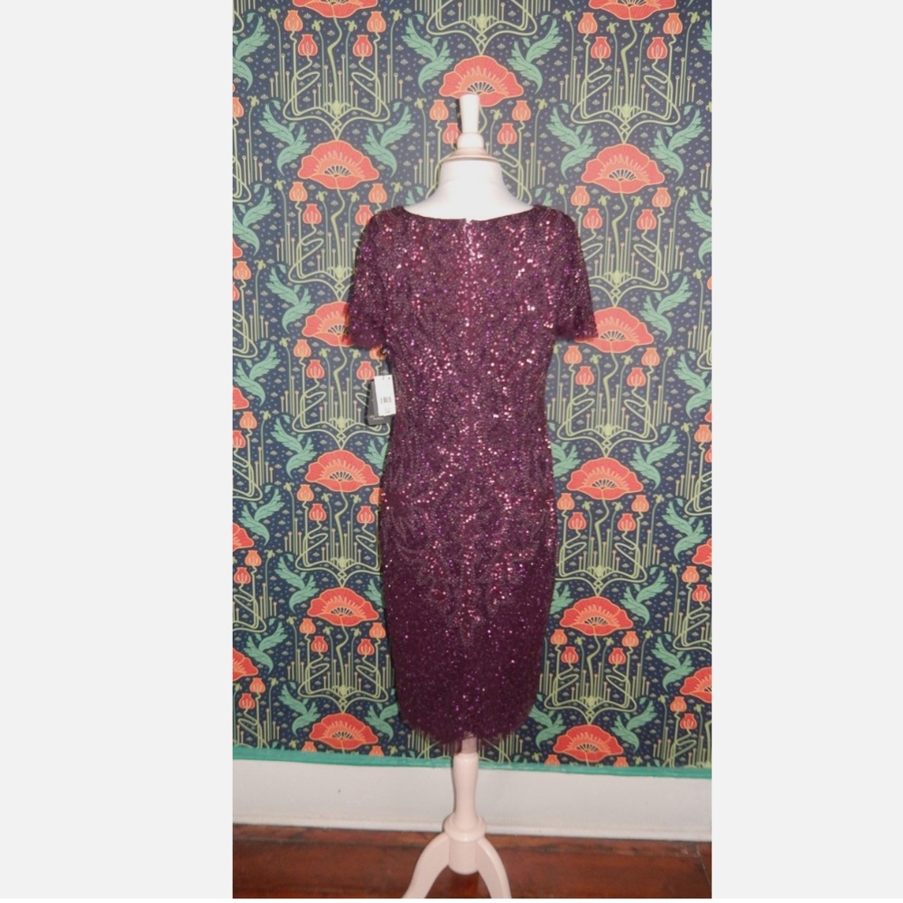 Adrianna Papell Plum Purple Beaded Sequin Flutter Sleeve Cocktail Dress - Picture 9 of 9
